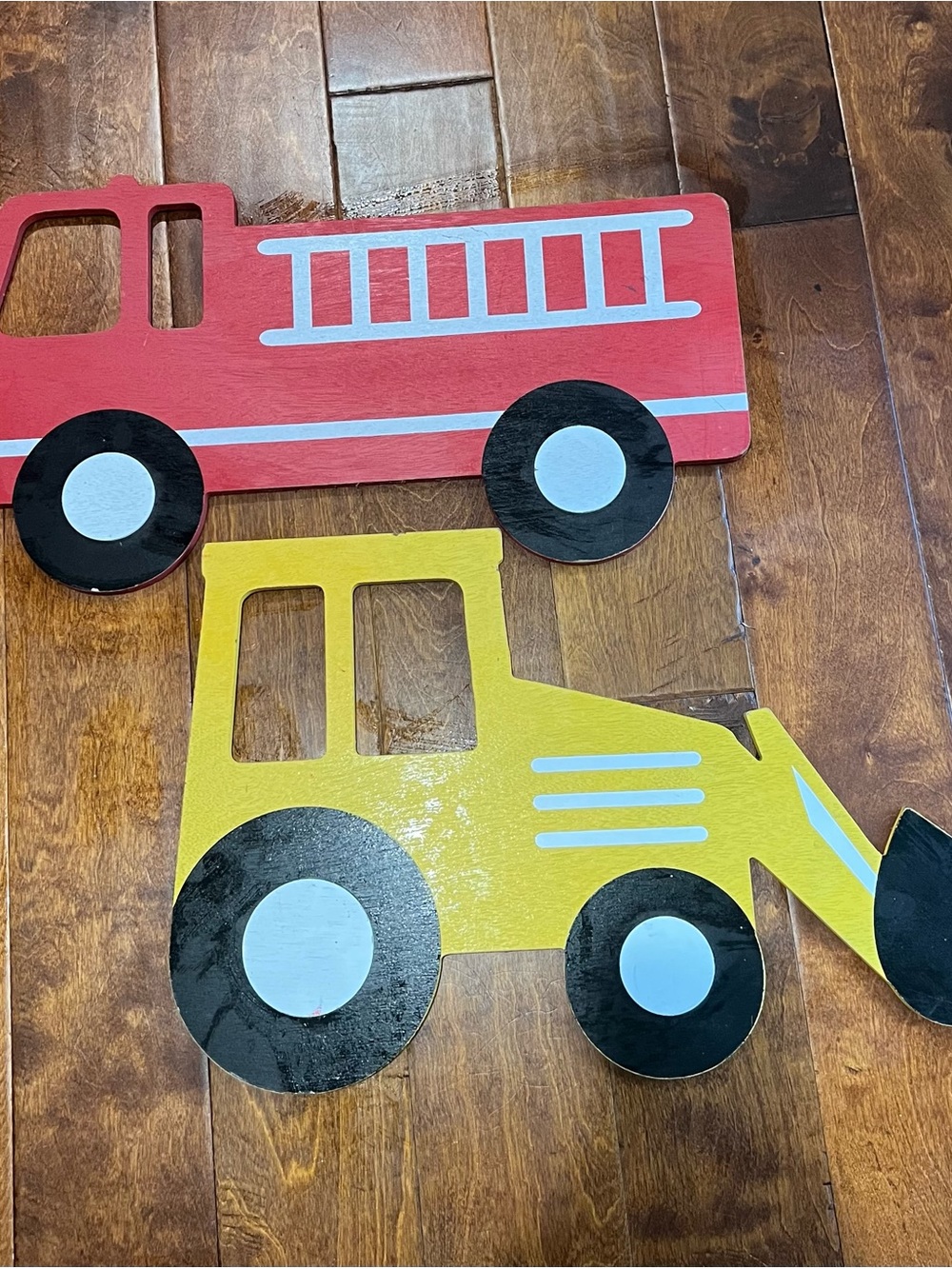 Kids Wooden Red Fire Truck & Yellow Bulldozer Wall Decor - Unbranded